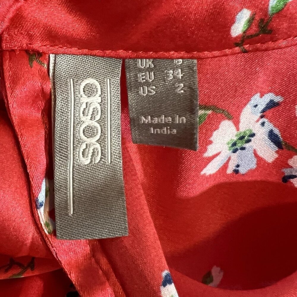asos Women’s Top Size 2 Red Floral Blouse Long Sleeve Open Back Christmas - Picture 6 of 13
